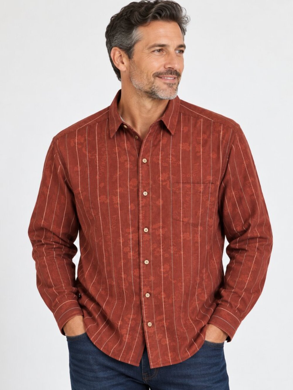 Tommy Bahama Men’s XXL Silk Cotton Button Front Shirt Rust Stripe Floral Pocket
